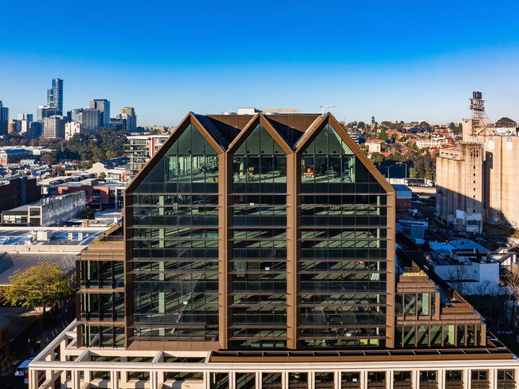 Aerial view of the Cremorne Place tri-gable glass facade