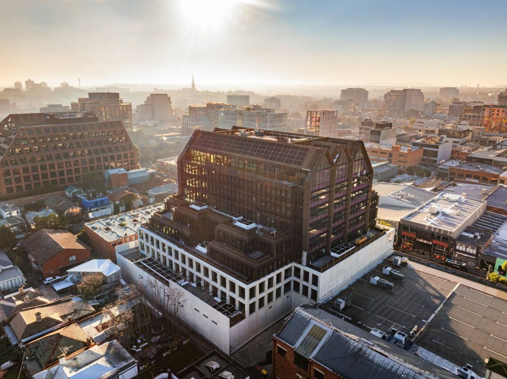 Morning aerial view of Cremorne Place with its terraced podium