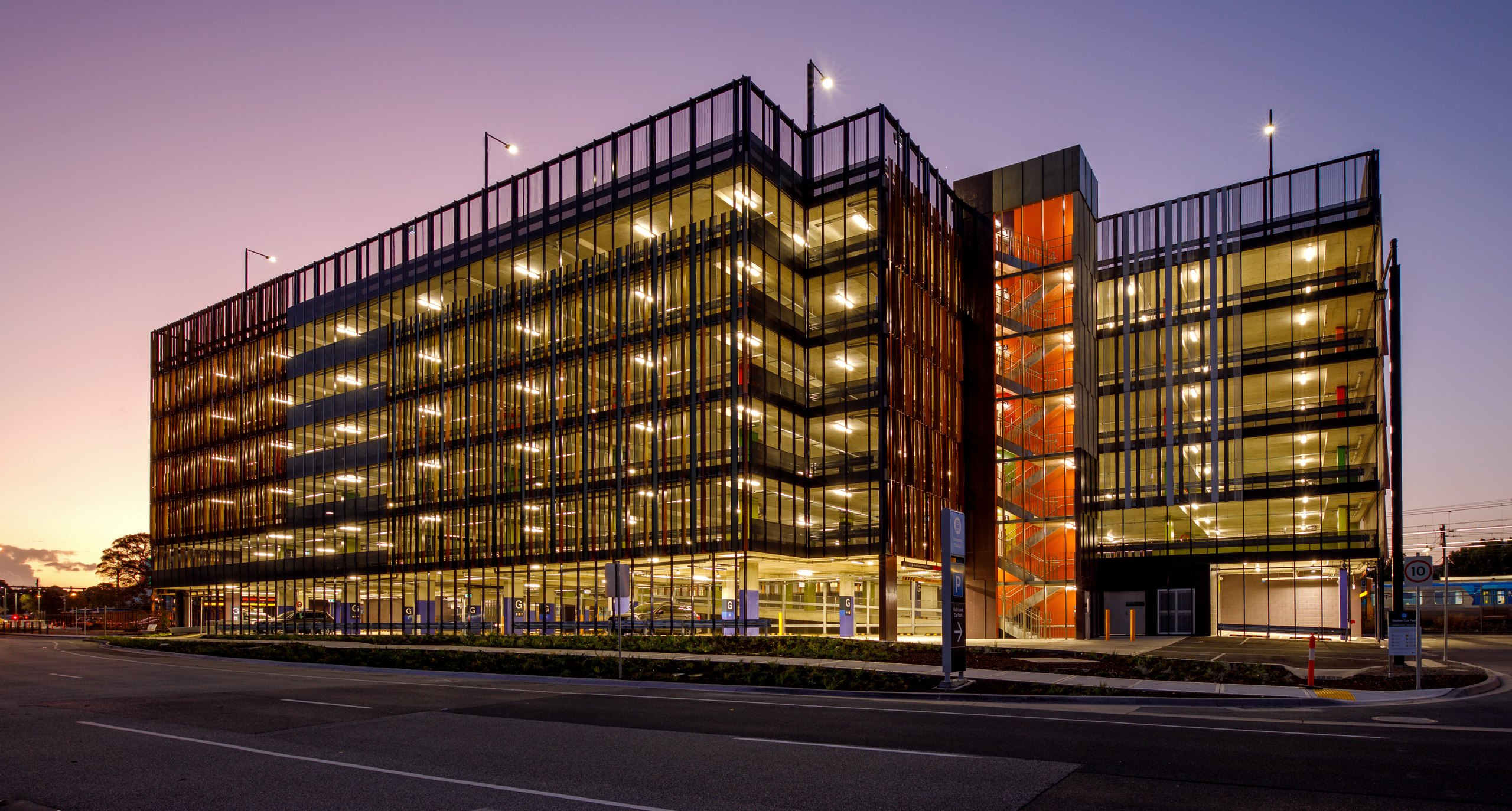 Frankston Multi Level Carpark, Fletcher Road, at dusk