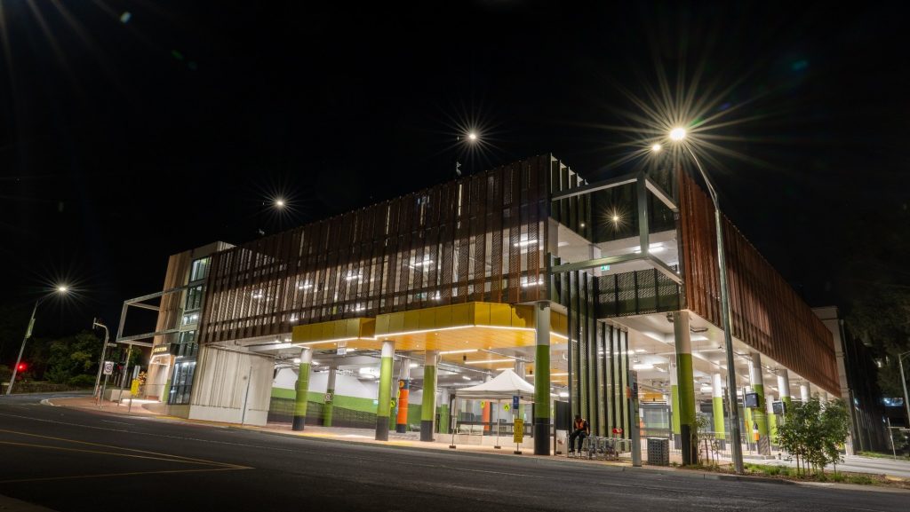 Greensborough Multi Level Carpark lit at night